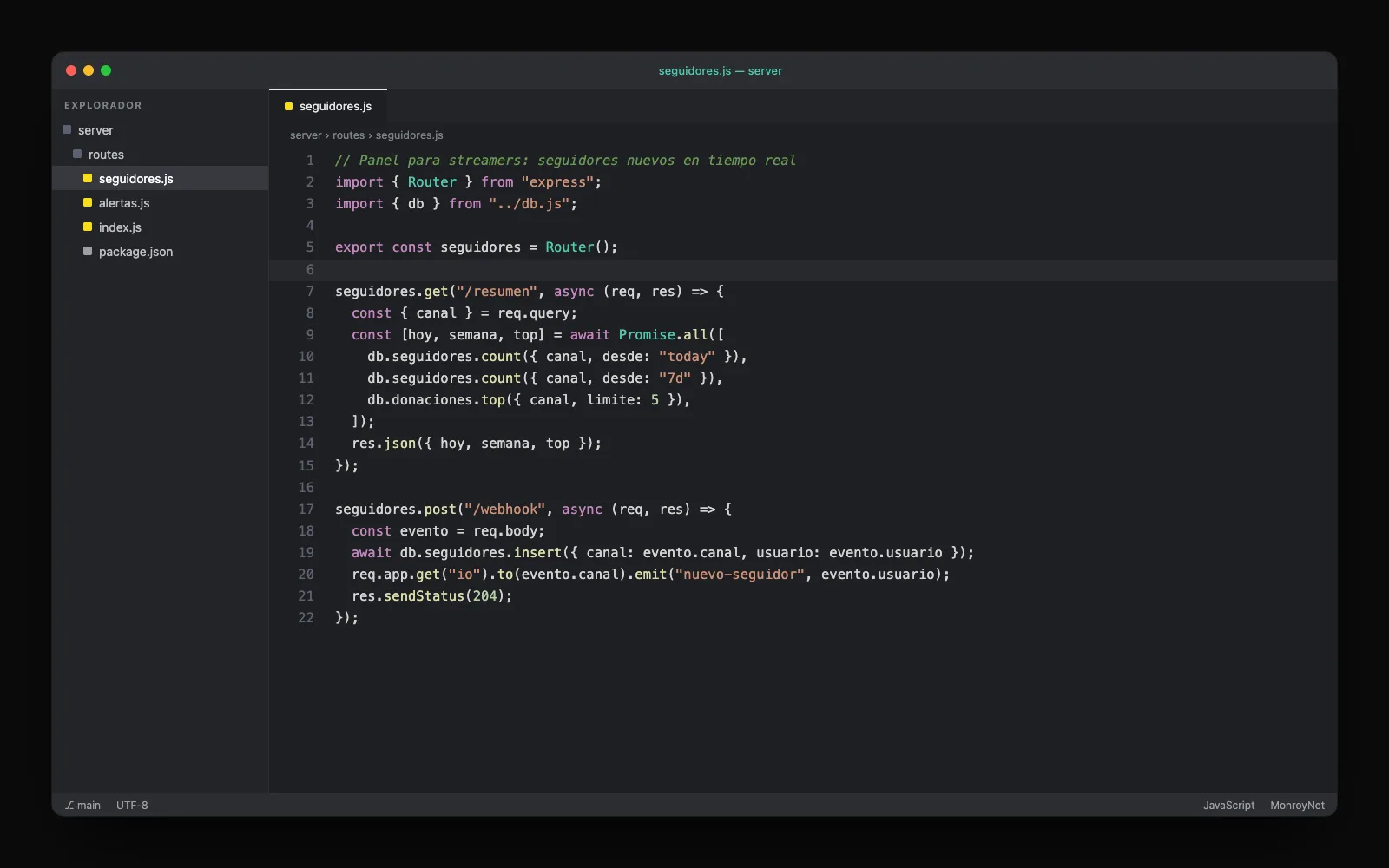 Panel para streamers · Node.js